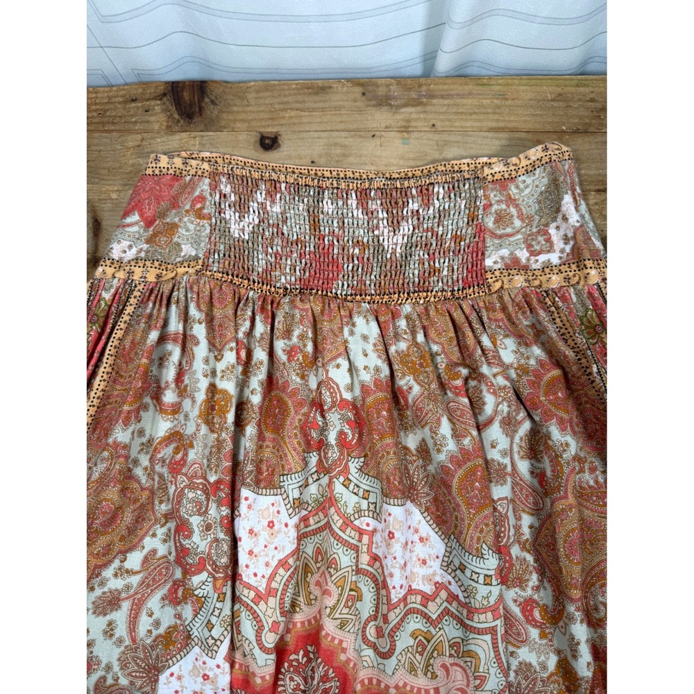 House of Harlow 1960 Orange Paisley Smocked Back Maxi Skirt Linen Blend M 33" - Picture 8 of 12